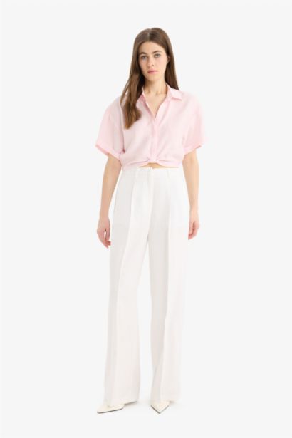 Blouse courte aspect lin à manches courtes