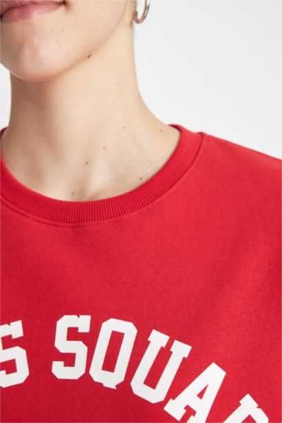 Loose Fit Bisiklet Yaka Baskılı Kalın Kırmızı Sweatshirt