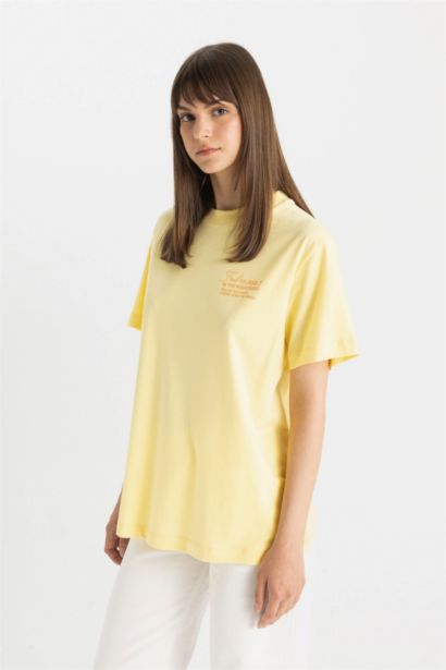 تونيك قطن نص كم مطبوع قصة عادية بياقة مستديرة