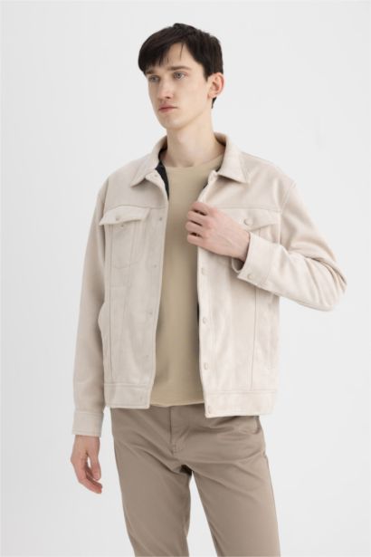 Slim Fit Dar Kesim Süet Ceket Dar Kesim Gömlek Yaka Çıtçıtlı Cepli