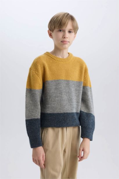 Bisiklet Yaka Renk Bloklu Triko Kazak Erkek Çocuk