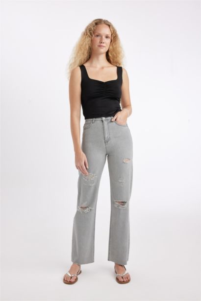 90's Wide Leg Ripped Detailed High Waist Long Washed Jeans