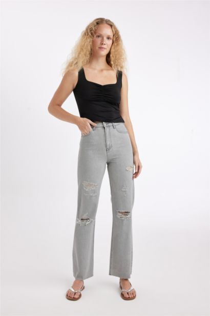 90's Wide Leg Ripped Detailed High Waist Long Washed Jeans