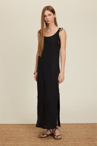 Straight Fit Round Neck Modal Strap Black Maxi Dress