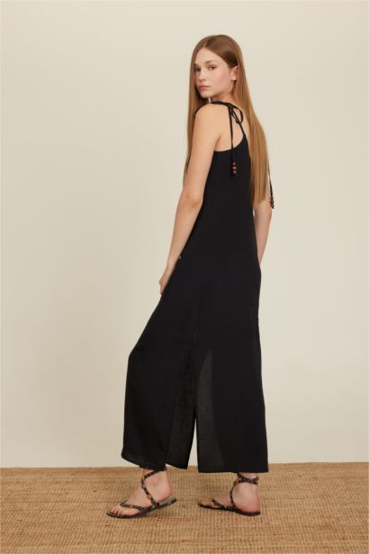 Straight Fit Round Neck Modal Strap Black Maxi Dress