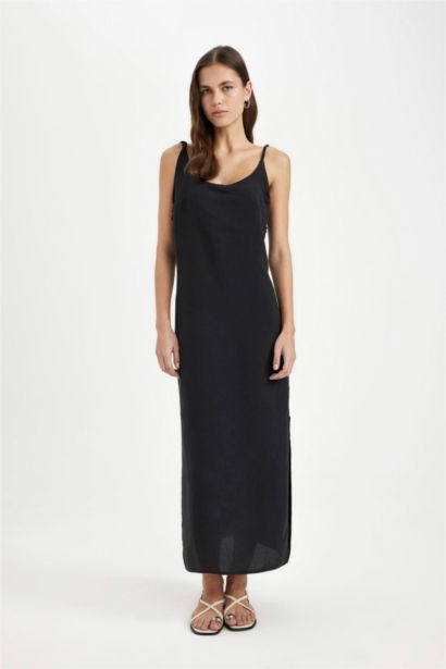 Straight Fit Round Neck Modal Strap Black Maxi Dress
