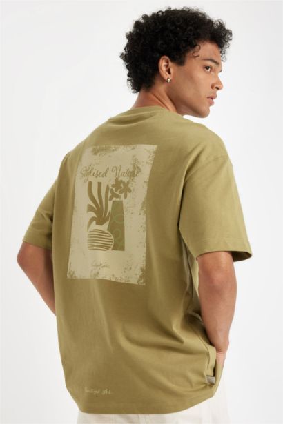 %100 Pamuk Boxy Fit Bisiklet Yaka Sırt Baskılı Kısa Kollu Tişört