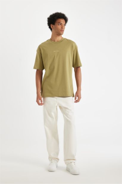 %100 Pamuk Boxy Fit Bisiklet Yaka Sırt Baskılı Kısa Kollu Tişört