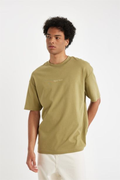 %100 Pamuk Boxy Fit Bisiklet Yaka Sırt Baskılı Kısa Kollu Tişört