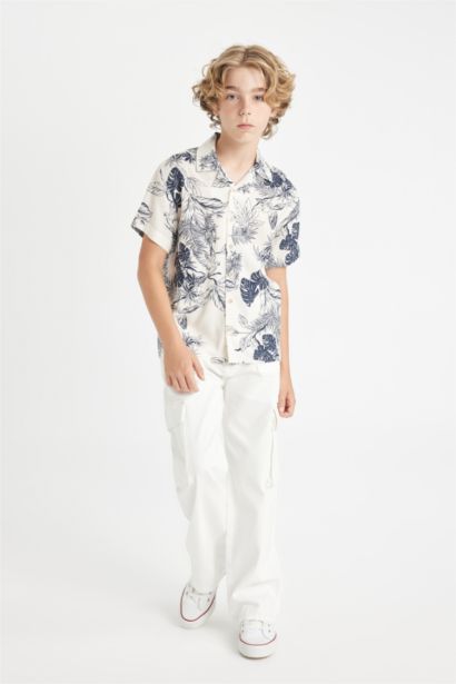 Boy Polo Collar Patterned Viscose Shirt