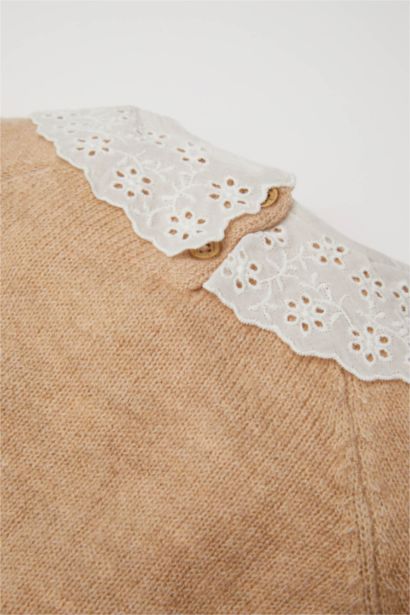 Baby Girl Beige Lace Look Collar Knitted Pullover