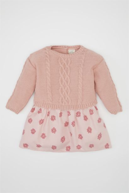 Robe en tricot à motifs fleurs Col rond pour Bébé Fille