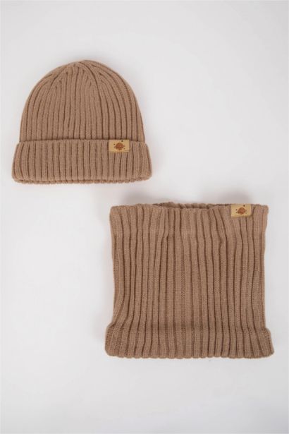 Etiket Baskılı İçi Polar Astarlı Boyunluk Bere 2'li Takım Erkek Bebek