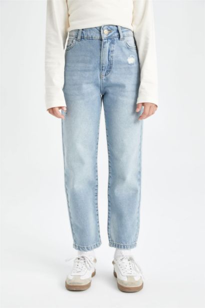 سروال جينز بناتي موم فيت برجل ضيق وحافة ممزقة