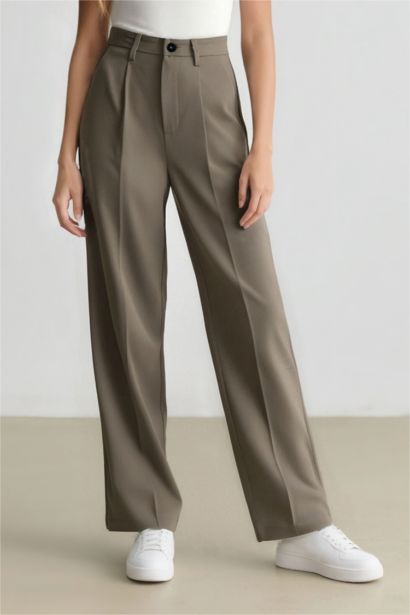 Wide Leg Yüksek Bel Dokuma Klasik Pantolon Pensli Cepli Basıc