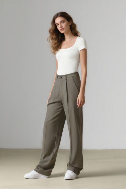 Wide Leg Yüksek Bel Dokuma Klasik Pantolon Pensli Cepli Basıc