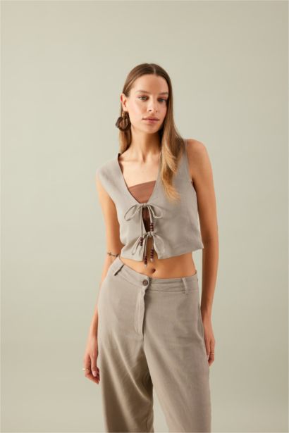 جيلي برباط سليم فيت ممزوج بالكتان برقبة V