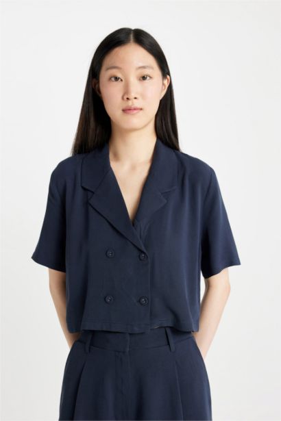 Polo Collar Linen Blend Short Sleeve Crop Shirt