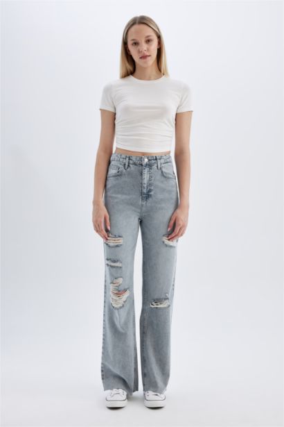 Wide Leg Ripped Detailed High Waist Long Washed Jeans