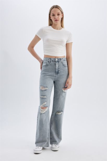 Wide Leg Ripped Detailed High Waist Long Washed Jeans