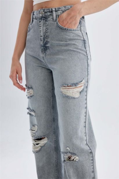 Wide Leg Ripped Detailed High Waist Long Washed Jeans