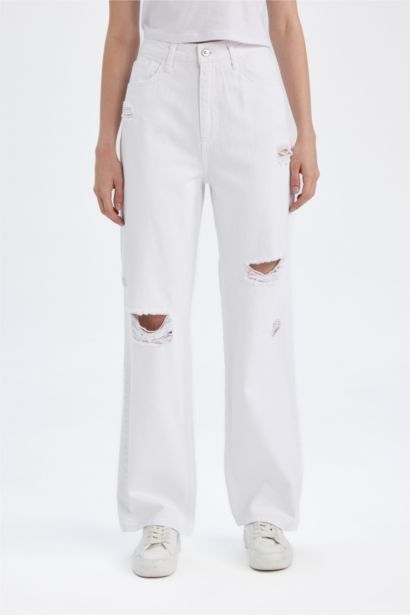 90 Wide Leg High Waist Long Ripped Detailed White Jeans