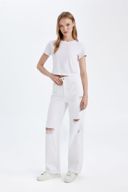 90 Wide Leg High Waist Long Ripped Detailed White Jeans