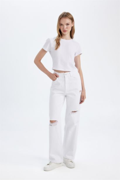 90 Wide Leg High Waist Long Ripped Detailed White Jeans