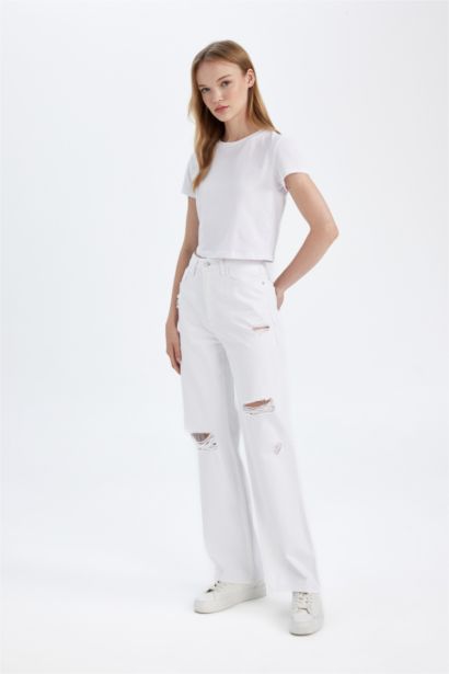 90 Wide Leg High Waist Long Ripped Detailed White Jeans