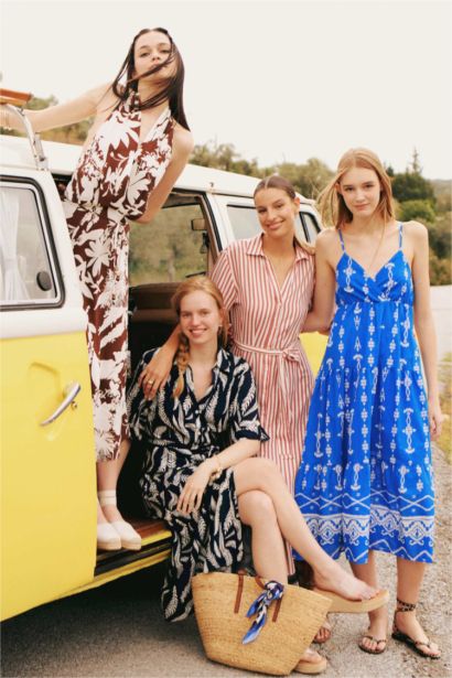 فستان ميدي كتان مخطط بحزام وياقة قميص