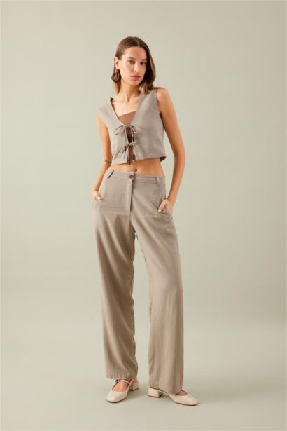 بنطرون قصة مستقيمة وايد ليج برجل واسع وخصر عالي بجيب