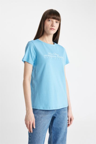 Regular Fit Crew Neck Slogan Printed T-Shirt