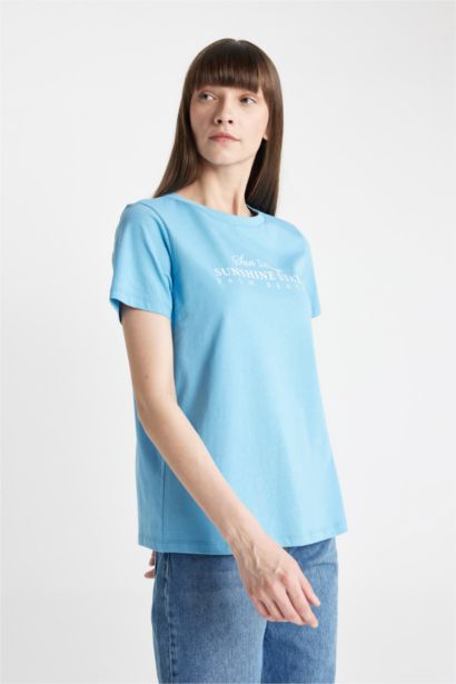 Regular Fit Crew Neck Slogan Printed T-Shirt