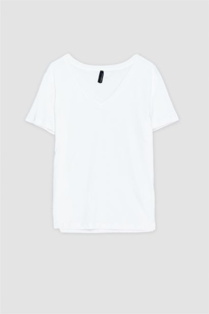 T-shirt en coton peigné à col en V et manches courtes Coupe régulière