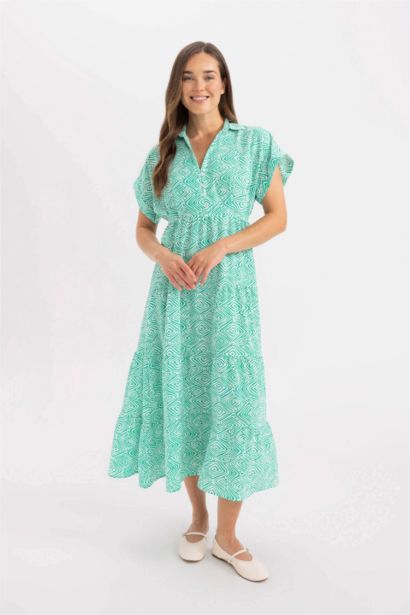 Shirt Collar Patterned Viscose Short Sleeve Maxi Dress
