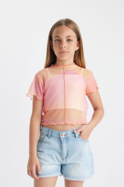 2'li Takım Crop Bisiklet Yaka Degrade Baskılı Tül Kısa Kollu Tişört Atlet Kız Çocuk
