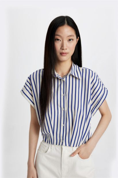 Striped Short Sleeve Poplin Crop Shirt