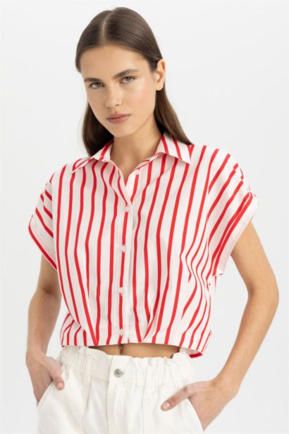 Striped Short Sleeve Poplin Crop Shirt