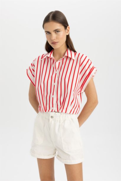 Striped Short Sleeve Poplin Crop Shirt