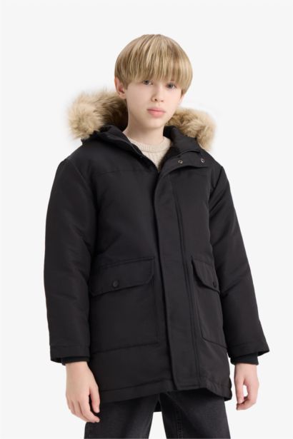 بالطو أولادي ببطانة فرو وقابلة للإزالة و كابيشون