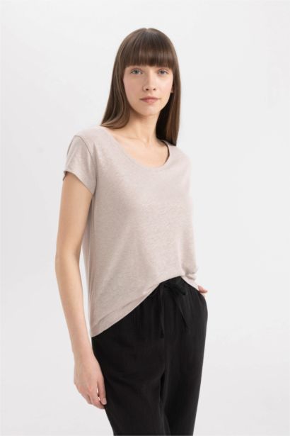Regular Fit Crew Neck Linen Blend Basic T-Shirt