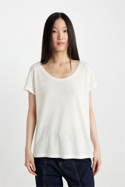 Regular Fit Crew Neck Linen Blend Basic T-Shirt