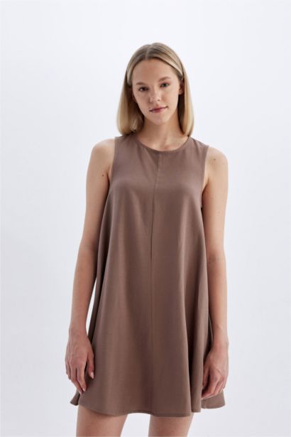 A-Line Crew Neck Linen Sleeveless Mini Dress