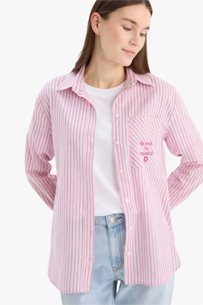 %100 Pamuk Relax Fıt Baskılı Flamlı Çizgili Gömlek Tunik