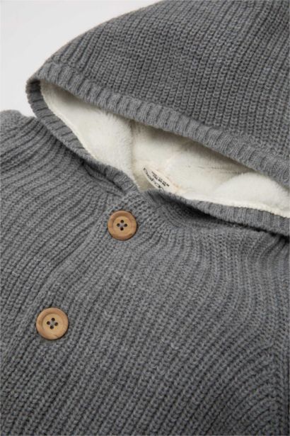 Baby Boy Hooded Plush Lined Buttoned Knitwear Cardigan