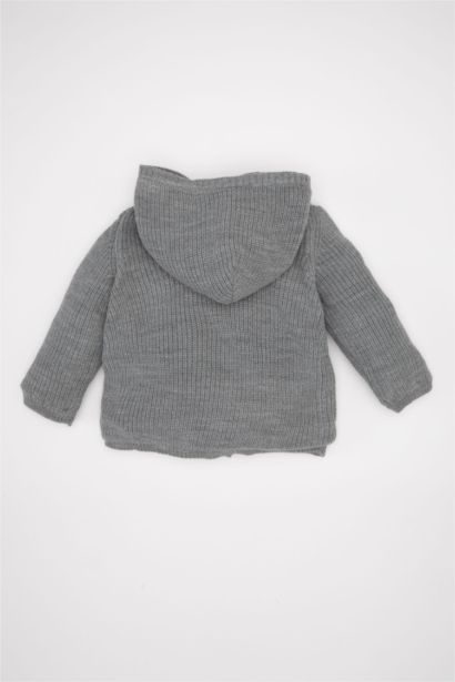 Baby Boy Hooded Plush Lined Buttoned Knitwear Cardigan