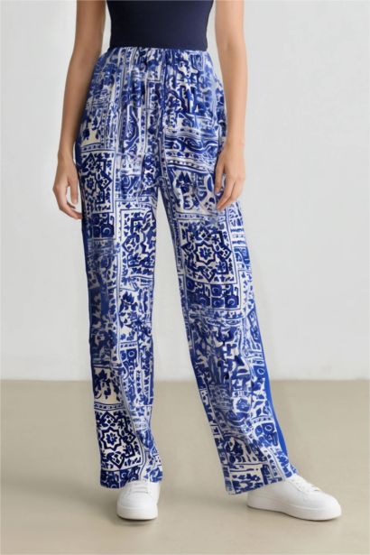 Wide Leg Patterned Pocket High Waist Trousers