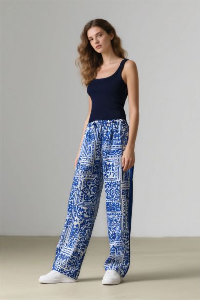 Wide Leg Patterned Pocket High Waist Trousers