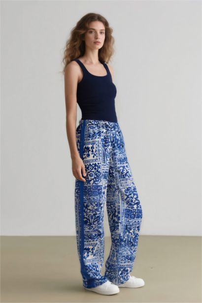 Wide Leg Patterned Pocket High Waist Trousers