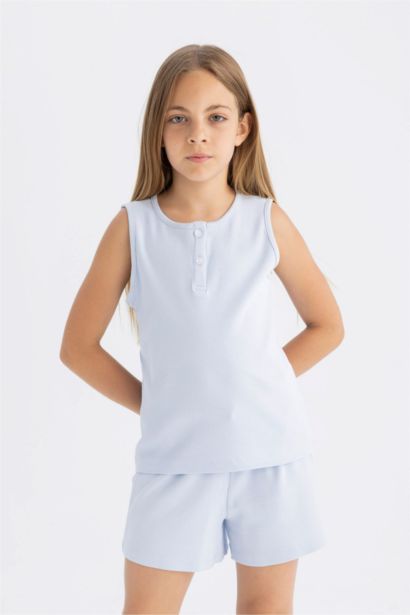 طقم بيجاما بناتي أزرق مضلع قصة عادية - قطعتين